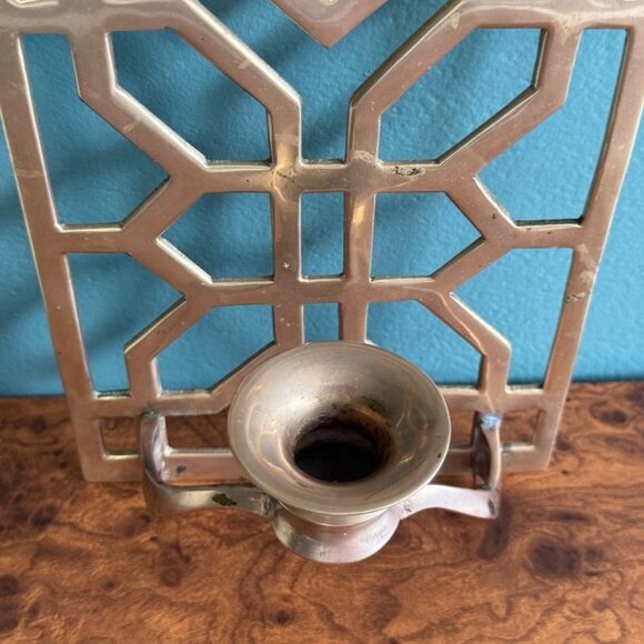 Vintage Brass Wall Candle Sconce Geometric Rectangle Trellis 12.5 x 6 Inches - Picture 3 of 7